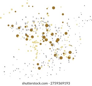 This image depicts a whimsical and abstract representation of a cosmic scene, featuring a dense cluster of golden and brown stars surrounded by smaller, scattered dots and star shapes. The composition evokes a sense of a star cluster or nebula, with varying sizes of stars and particles creating a sense of depth and dimension. The use of warm tones and scattered elements gives it a dreamy, ethereal quality, reminiscent of distant galaxies and cosmic phenomena.