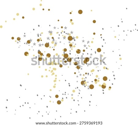 This image depicts a whimsical and abstract representation of a cosmic scene, featuring a dense cluster of golden and brown stars surrounded by smaller, scattered dots and star shapes. The composition evokes a sense of a star cluster or nebula, with varying sizes of stars and particles creating a sense of depth and dimension. The use of warm tones and scattered elements gives it a dreamy, ethereal quality, reminiscent of distant galaxies and cosmic phenomena.