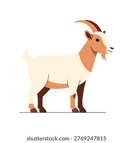 This image depicts a whimsical and cartoonish goat standing upright on its hind legs. The goat has large, curved horns, a smiling face, and a light brown body. Its front legs are raised as if in a playful or curious stance, giving it an animated and lively appearance.
