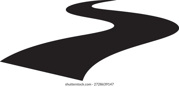 This image depicts a winding black road that stretches across a plain white background. The road is smooth and sleek, with a continuous curve that evokes a sense of movement and motion. The simple and minimalist design makes it a versatile graphic element that can be used in various contexts, from transportation and travel to design and art.