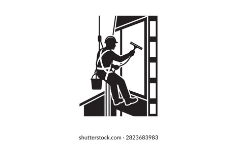 This image depicts a window washer working on scaffolding, presented as a black silhouette against a white background. The silhouette