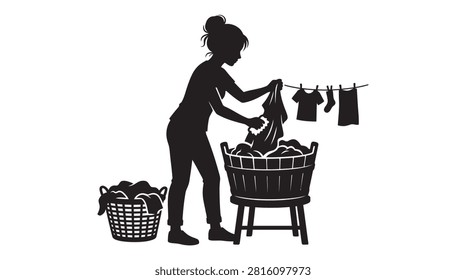 This image depicts a woman doing laundry with baskets and a clothesline, presented as a black silhouette. The silhouette style