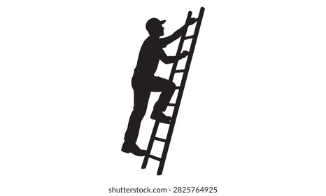 This image depicts a worker climbing a ladder, presented as a black silhouette against a white background. The silhouette style