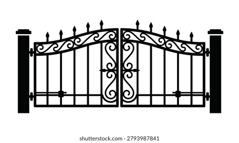 This image depicts a wrought iron gate with decorative flourishes presented as a black silhouette against a white background.
