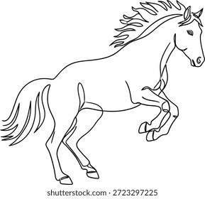 Esta imagem é um desenho detalhado de uma linha preta e branca de um cavalo em pleno galope, mostrando sua juba e cauda fluindo. A postura dinâmica do cavalo, com suas pernas dianteiras levantadas do chão, transmite uma sensação de energia e movimento. A ilustração destaca a estrutura muscular do cavalo e o movimento fluido de seu corpo.