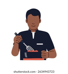 Esta imagem é um design detalhado e de alta resolução que captura uma pessoa cozinhando, habilmente preparando uma refeição deliciosa em sua cozinha acolhedora e brilhante.