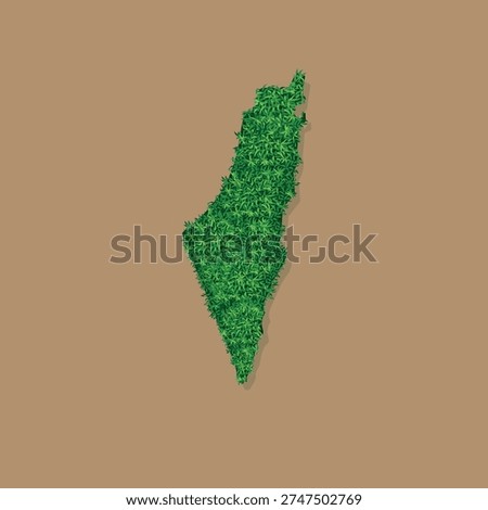 This image is a digital image depicting the geographical shape of Israel  map made entirely of green leaves, symbolizing ecological nature and ecological greenery. country green icon