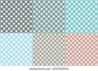 
This image is a digital design template showcasing 6 editable checkered patterns with a rustic or earthy aesthetic. The patterns are arranged in a grid with distinct color variations, including shade