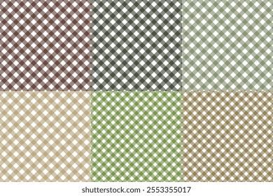 
This image is a digital design template showcasing 6 editable checkered patterns with a rustic or earthy aesthetic. The patterns are arranged in a grid with distinct color variations, including shade