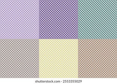 
This image is a digital design template showcasing 6 editable checkered patterns with a rustic or earthy aesthetic. The patterns are arranged in a grid with distinct color variations, including shade