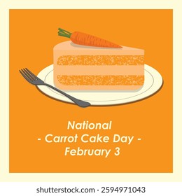 This image is a digital illustration celebrating National Carrot Cake Day, which falls on February 3rd. The design is clean and minimalist, set against a solid orange background.