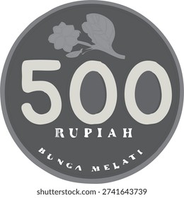 This image is a digital vector illustration of an Indonesian 500 Rupiah coin, specifically the version featuring the jasmine flower