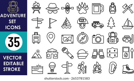 Esta imagem mostra 35 ícones de aventura, incluindo mochila, fogueira, chapéu, caiaque, pata de urso, caneca, bússola, tenda, mapa, SUV, floresta, mala, barco