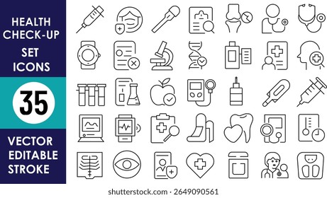 Dieses Bild zeigt 35 bearbeitbare Strichvektorsymbole, die sich mit dem Thema Gesundheitschecks befassen, einschließlich Spritze, Stethoskop, Herz, DNA, Pille, Apfel und Reagenzglas