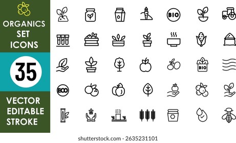 This image displays 35 vector line icons themed around organic farming, including plants, leaves, fruits, bees, jars, labels (BIO, ECO), and gardening tools