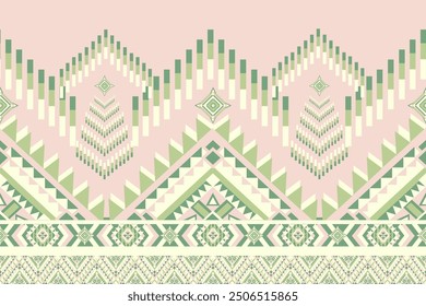 This image displays another section of a traditional woven textile, featuring a geometric pattern with prominent green hues against a soft pink background. 