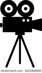 This image displays an antique movie camera in silhouette form, set against a bright, contrasting white backdrop. The camera is positioned atop a sturdy tripod.