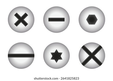 This image displays an assortment of screw head designs, commonly utilized in fastening applications. Each screw head type offers distinct advantages for different purposes.