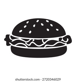 Dieses Bild zeigt eine schwarze Silhouette eines Hamburgers auf weißem Hintergrund. Der Burger hat ein abgerundetes Brötchen mit kleinen weißen Punkten, die Sesamsamen darstellen. Sichtbare Füllungsschichten, einschließlich wellenförmiger Linien, die auf Salat und andere Zutaten hindeuten, sind zwischen dem oberen und unteren Brötchen eingeklemmt. Es ist eine stilisierte, grafische Darstellung eines klassischen Burgers.