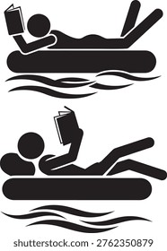 This image displays a black silhouette of two people reading books while relaxing on inflatable rafts on the water.
