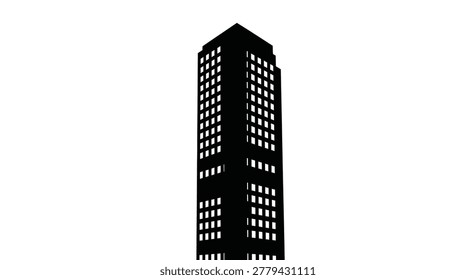This image displays a black skyscraper silhouette against a plain white backdrop. The building features numerous windows and a strong vertical orientation, emphasizing its height.