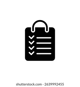 This image displays a black and white checklist icon featuring a handle, horizontal lines indicating items, and check marks on the left side.