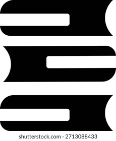 Esta imagem exibe uma forma abstrata em preto-e-branco composta de três segmentos horizontais distintos. Cada segmento tem um recuo curvo e voltado para fora em suas extremidades esquerda e direita, criando uma sensação de movimento ou fluxo. Os segmentos são separados por espaços em branco, contribuindo para uma estética limpa e minimalista.