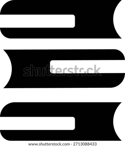 This image displays a black and white abstract shape composed of three distinct horizontal segments. Each segment has a curved, outward-facing indentation on its left and right ends, creating a sense of movement or flow. The segments are separated by white spaces, contributing to a clean and minimalist aesthetic.