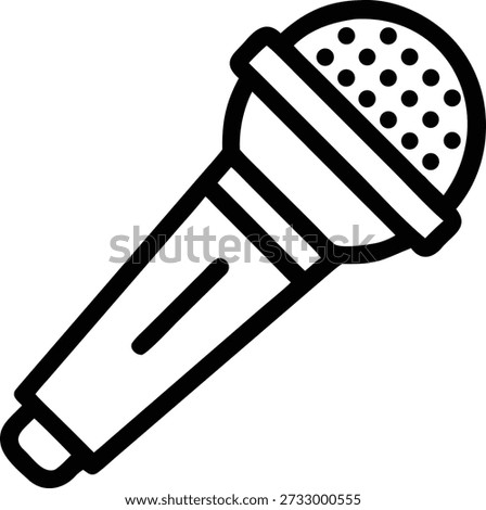 This image displays a black and white line art style drawing of a microphone. The microphone's head features a mesh design, and the entire illustration is defined by a bold outline.