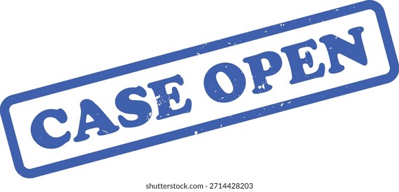 This image displays a blue, grunge-textured rubber stamp with the phrase Case Open. The angled stamp has a rectangular border and text is against a white background.
