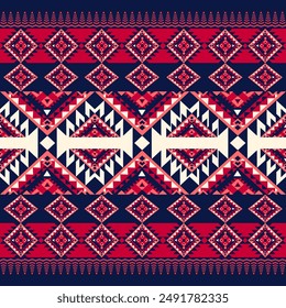 This image displays a bold and intricate geometric fabric pattern in red, navy blue, and white. The design features diamond shapes and zigzag lines, creating a striking and dynamic visual effect.