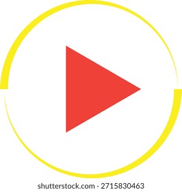 Esta Imagen muestra un Botón de juego rojo brillante, en forma de triángulo que apunta hacia la derecha, centrado dentro de un marco circular de amarillo vibrante. Es un símbolo común para la reproducción de medios. profesional de alta calidad