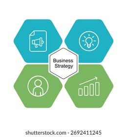 This image displays a business strategy presentation slide. It features four hexagon icons representing key elements: communication, idea generation, teamwork, and growth. 