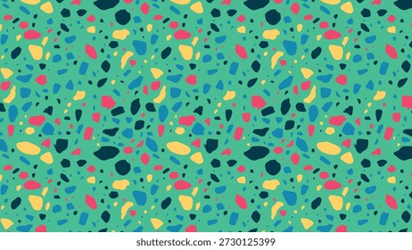 Esta imagem mostra um padrão de terrazzo suave e alegre com vibrantes lascas de pedra rosa, amarela, azul-petróleo e marinha embutidas em uma matriz verde fresca, criando uma superfície texturizada multicolorida e viva.