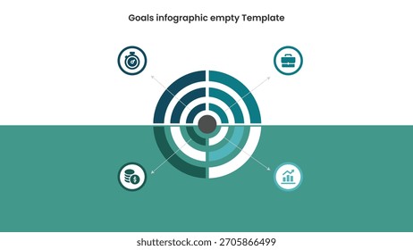Esta Imagen muestra una Plantilla circular de infografía de objetivos de negocio, un diseño de presentación en blanco que utiliza íconos de tiempo, dinero, carrera e indicadores de crecimiento.