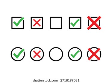 This image displays a clean, minimalist design featuring two rows of selection symbols against a white background. The top row presents symbols within square boxes, while the bottom row utilizes circles. The symbols include a green checkmark, symbolizing confirmation, acceptance, or a correct choice. Conversely, a red cross mark represents rejection, denial, or an incorrect choice. There are also empty boxes and circles, signifying unselected options. The variations in style, such as a smaller checkmark or a cross partially overlapping the shape, provide different visual interpretations for use in digital interfaces, checklists, surveys, and forms where users need to make binary selections (yes or no, true or false).