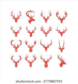 This image displays a collection of 16 minimalist red icons depicting various deer and stag heads. Arranged in a grid against a white background, the designs showcase diverse antler shapes and head angles. The graphic style suggests a set for logos or branding related to wildlife or hunting.