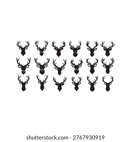 This image displays a collection of 21 black silhouette icons of deer heads. The icons are arranged in a grid of three rows and seven columns on a plain white background. Each icon features a different variation of a deer or stag head, showcasing unique antler shapes and sizes.