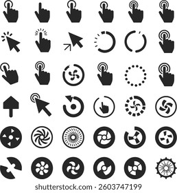 This image displays a collection of black silhouette icons related to clicking, touching, rotating, and loading. 
