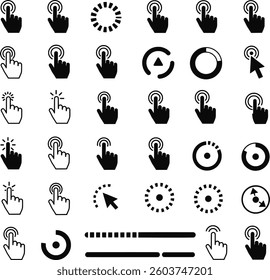 This image displays a collection of black silhouette icons related to clicking, touching, rotating, and loading. 