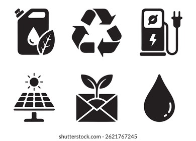 This image displays a collection of black and white icons representing various eco-friendly solutions.