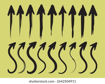 Esta imagem exibe uma coleção de ilustrações com seta preta em um plano de fundo verde pálido. As setas são apresentadas em estilo silhueta, algumas apontando para cima e outras curvando para cima