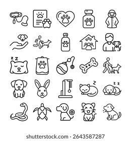 This image displays a collection of black and white line art icons related to pets and pet care.