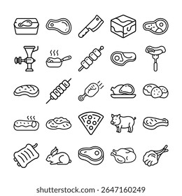 This image displays a collection of black and white outline icons depicting various meats, including steak, chicken, pork, and other food-related objects.