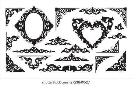 Esta Imagen muestra una colección de marcos decorativos negros, esquinas y florituras con intrincados rollos y filigranas. Cuenta con un marco ovalado, un marco en forma de corazón, varias piezas de esquina y Elementos de borde decorativos, todo sobre un fondo blanco limpio. Estos son adecuados para el Diseño gráfico y el embellecimiento.