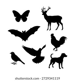 Esta Imagen muestra una colección de siluetas negras de varios animales. Destacan un majestuoso ciervo con astas, una delicada mariposa con alas extendidas, un murciélago volando con las alas extendidas y varios pájaros, incluido un gallo y un Pequeño pájaro posado en una rama. Un perro también se representa en la silueta. El marcado contraste de las Formas negras sobre un fondo blanco enfatiza las distintas formas de cada criatura.
