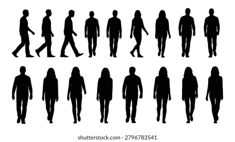 This image displays a collection of black human silhouettes in different walking poses set against a white background.
