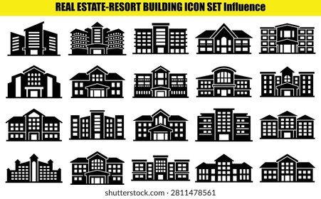 This image displays a collection of building facades each with distinct architectural features rendered as two-tone pictorial representations. The structures vary in height and style suggesting diverse building types.