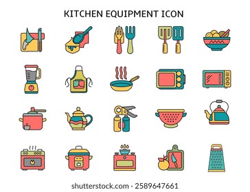 This image displays a collection of colorful kitchen equipment icons in a playful, flat design. It features various tools such as knives, spoons, blenders, pans, microwaves, kettles, graters, and more