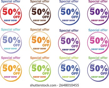 This image displays a collection of colorful promotional badges, each highlighting a “Special Offer” of up to 50% off with a call-to-action to “Shop Now.” There are 15 circular design